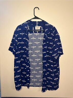 Goodfellow & Co Navy Short-Sleeve Camp Shirt with White Bird Print